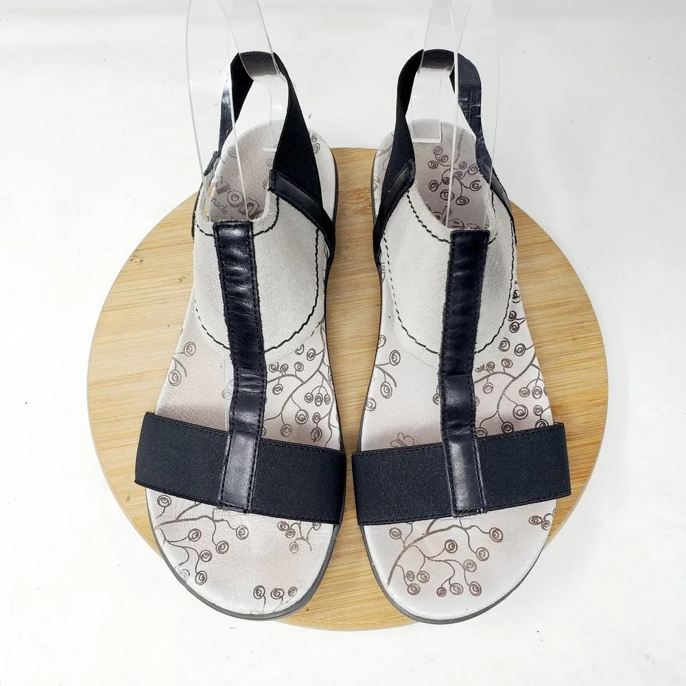 Wonders Fly Sandals Womens 37 Black‎ Grey Low Wedge Elastic Strap Comfort Shoes